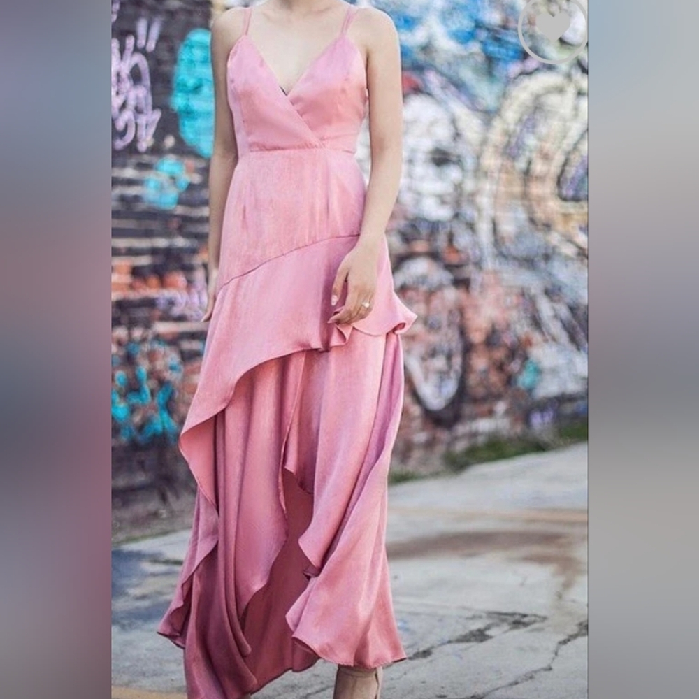 Elegant Pink Satin V-Neck Ruffled Maxi Dress